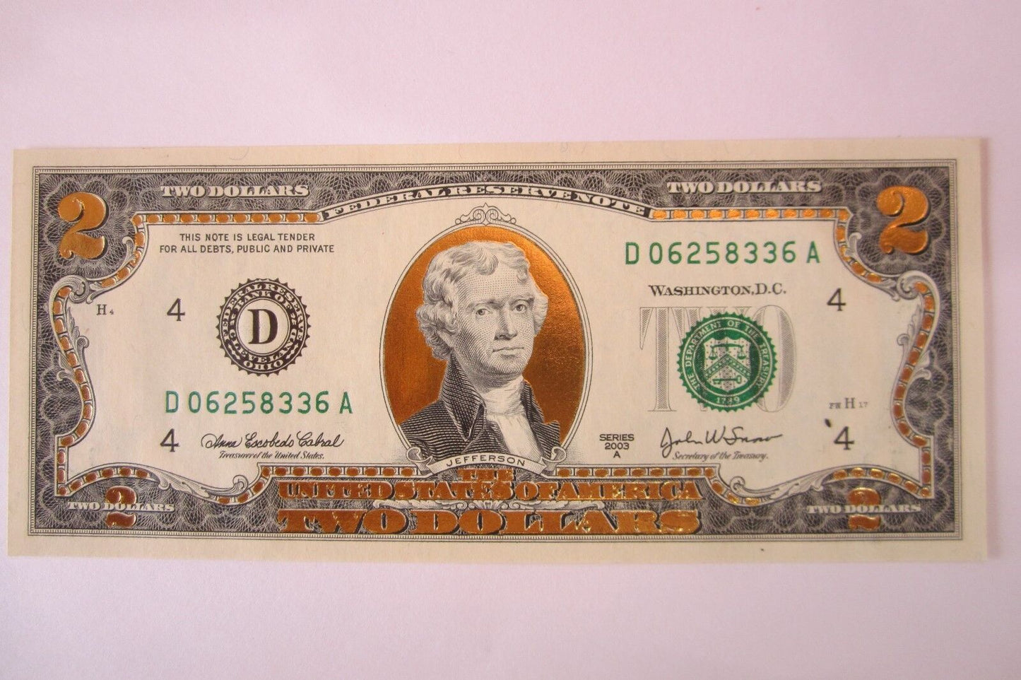 22 K GOLD LEAF- 2 DOLLAR BILL-  COLLECTOR  LEGAL NOTE- D06258336A