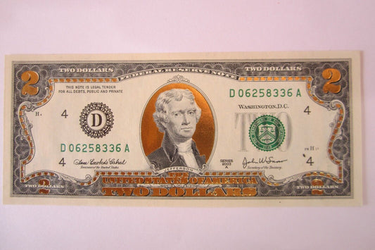 22 K GOLD LEAF- 2 DOLLAR BILL-  COLLECTOR  LEGAL NOTE- D06258336A