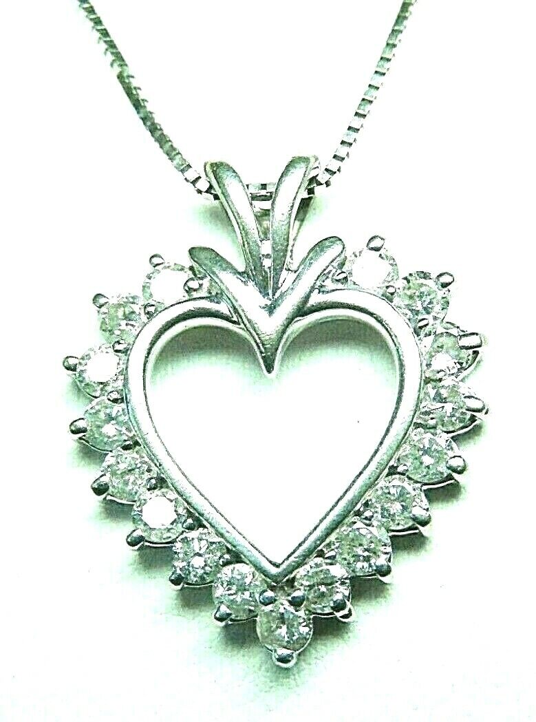 *VINTAGE* 10K WHITE GOLD .75CT 17  DIAMOND OPEN HEART PENDANT w/18" 10K CHAIN