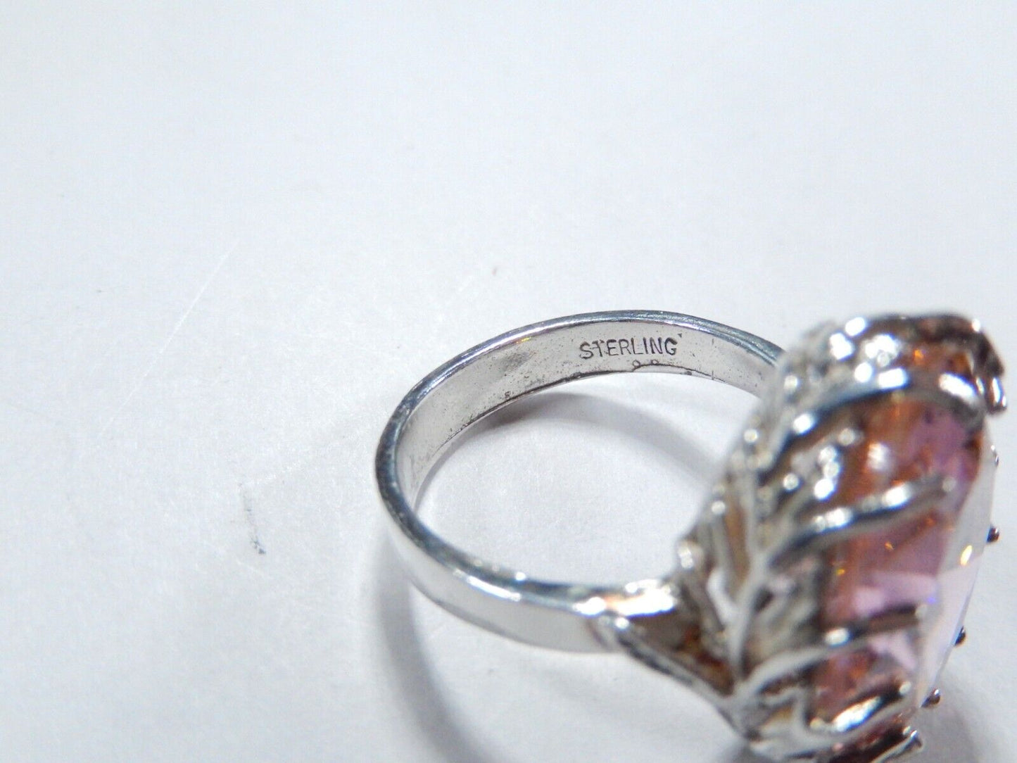 HUGE-  .925 Sterling Silver 13.0 CT Statement Ring Pink CZ Cocktail Ring sz 7.5