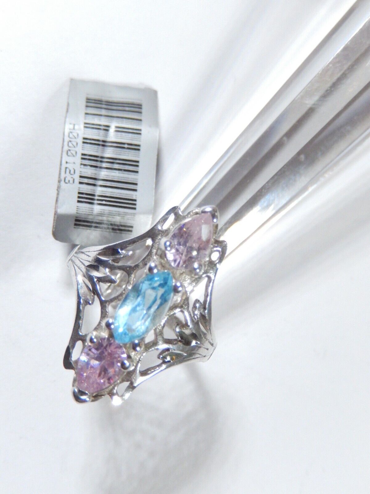 *VINTAGE* Pink Sapphire & Blue Topaz Gemstone Filigree Sterling Silver Ring Sz 7