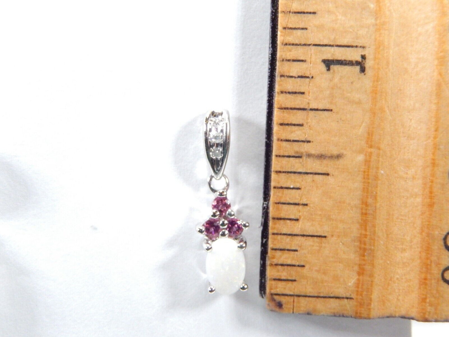 10K White Gold Ruby & Diamond & Opal Drop Dangle Earrings 19mm x 5.5mm