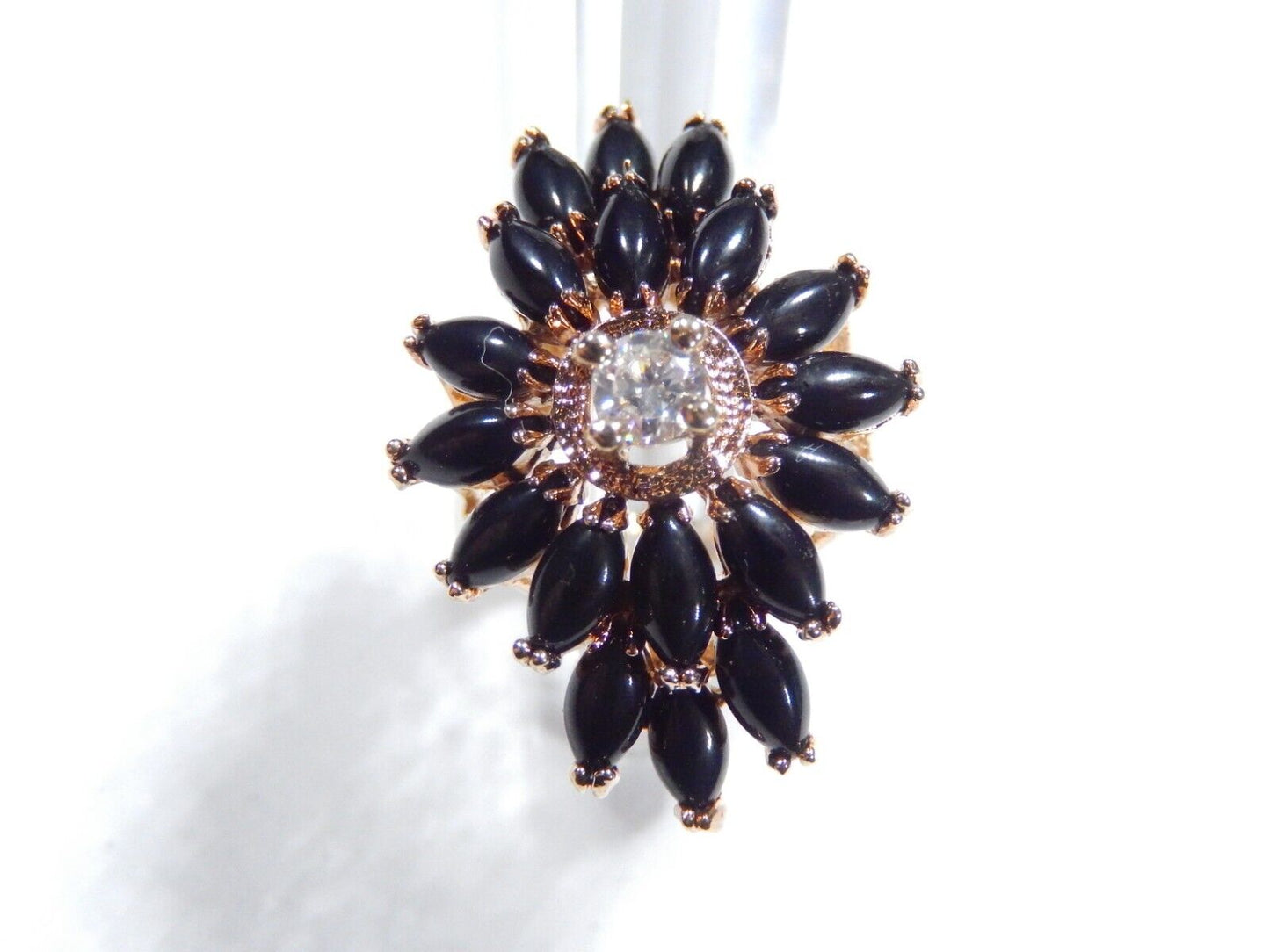 *VINTAGE*   STATEMENT RING - Gold Vermeil Sterling Marquise Onyx & Cz Size 7.5