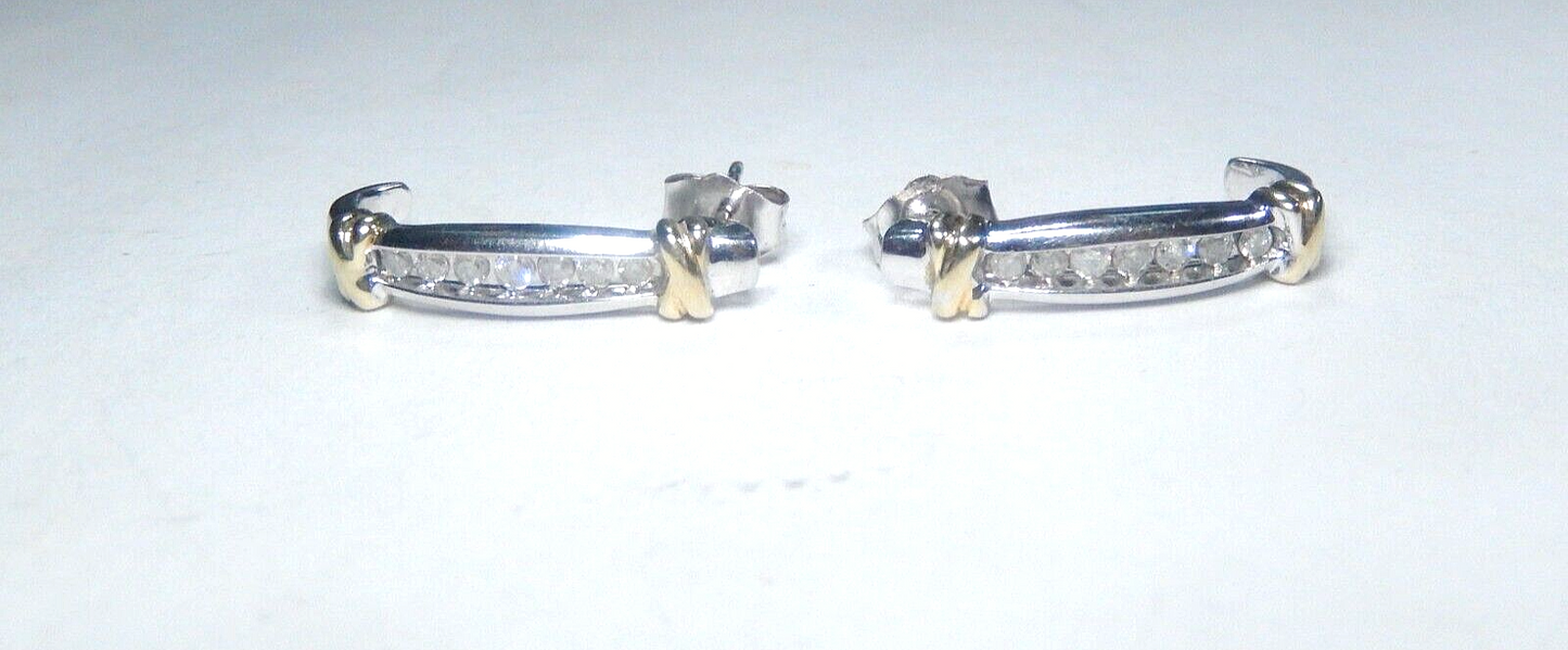 *VINTAGE* 10K  Yellow & White Gold .50CT Natural  Diamond J-Hoop Post Earrings