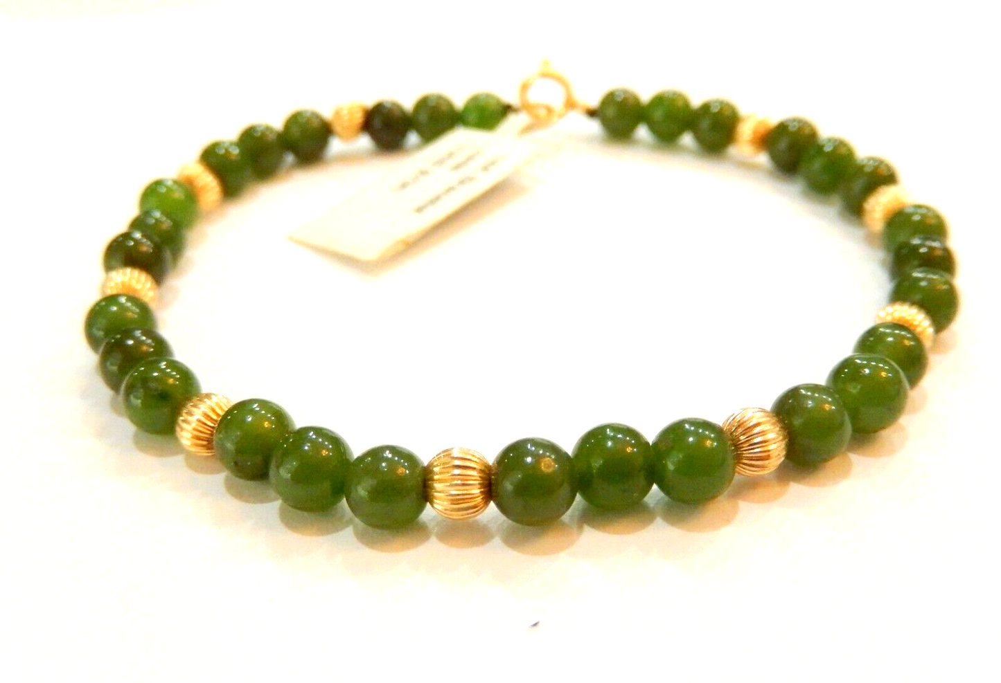 14K 4mm Yellow Gold and  5mm Green Jade Bead Bracelet 7.25"