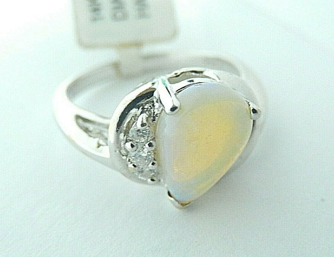 14k White Gold  Colorful Natural .75ct Pear Shape Opal & Diamond Ring Size 6.5