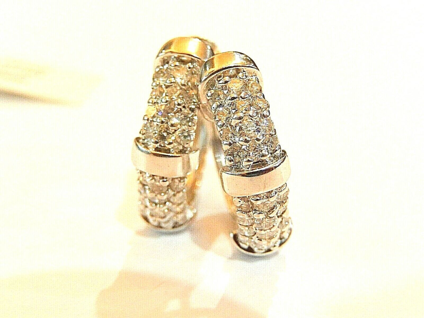 *VINTAGE* 14KT WHITE GOLD  1CT  DIAMONDS HINGED HOOP EARRINGS  20mm x 19mm
