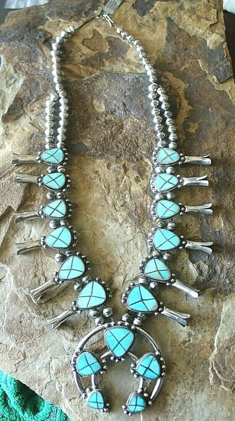 VINTAGE Large Native American Sterling Silver  Turquoise Squash Blossom Necklace