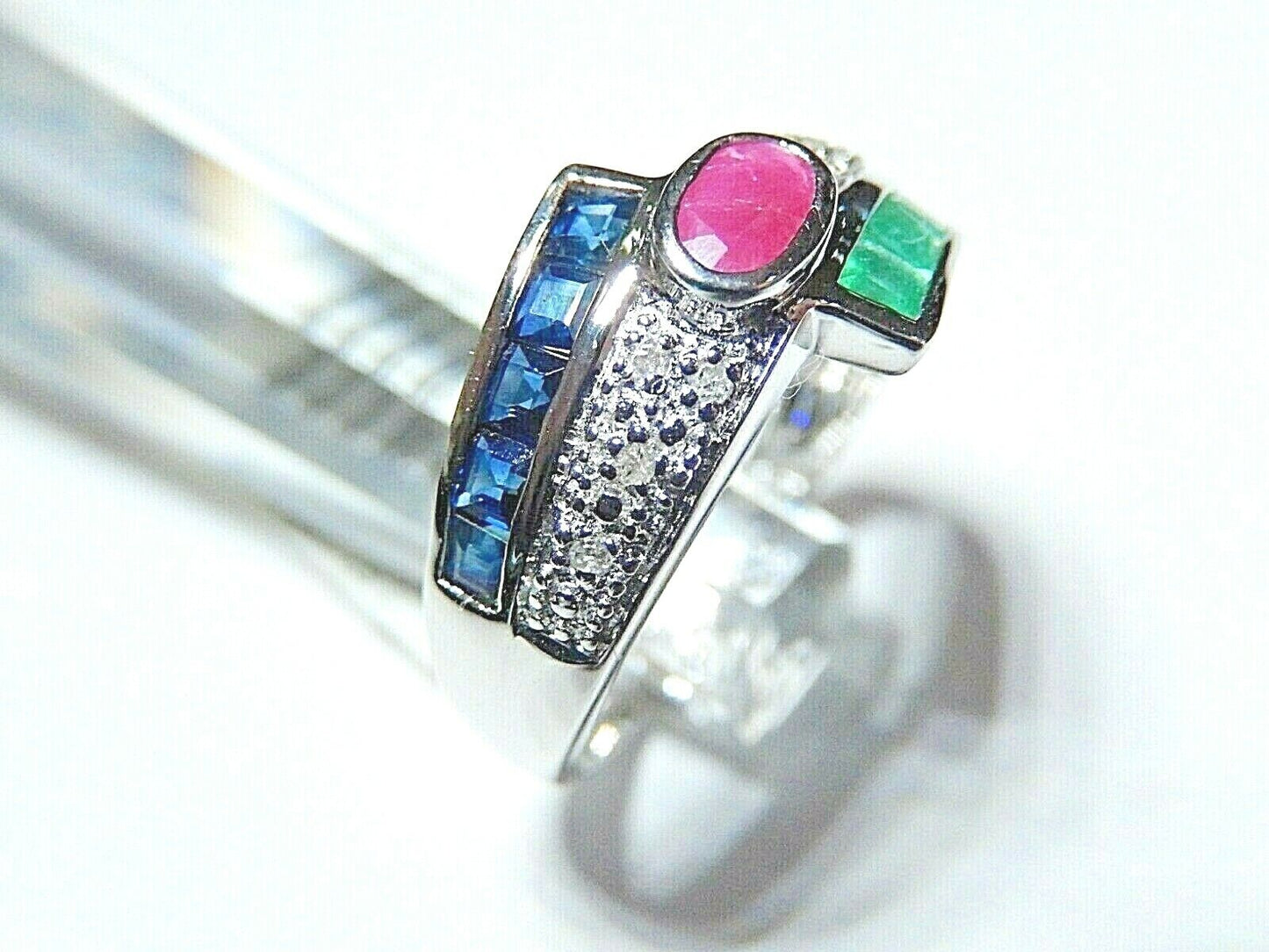 *NWT* 14K White Gold  Natural Sapphire Emerald Ruby & Diamond Ring Band Sz 6.75