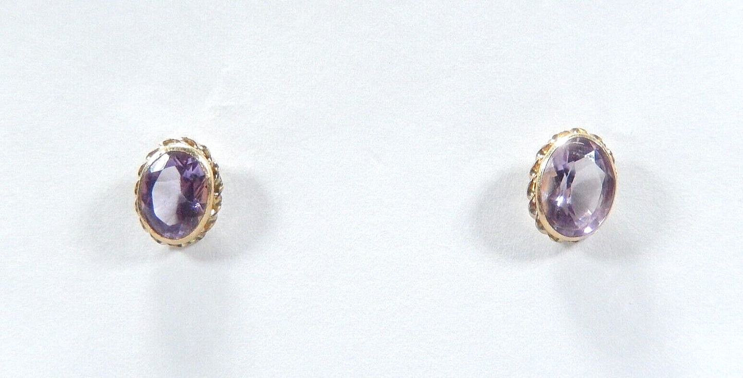*VINTAGE*  14K Yellow Gold 2.50 CT  Oval Cut Natural Amethyst Stud Earrings