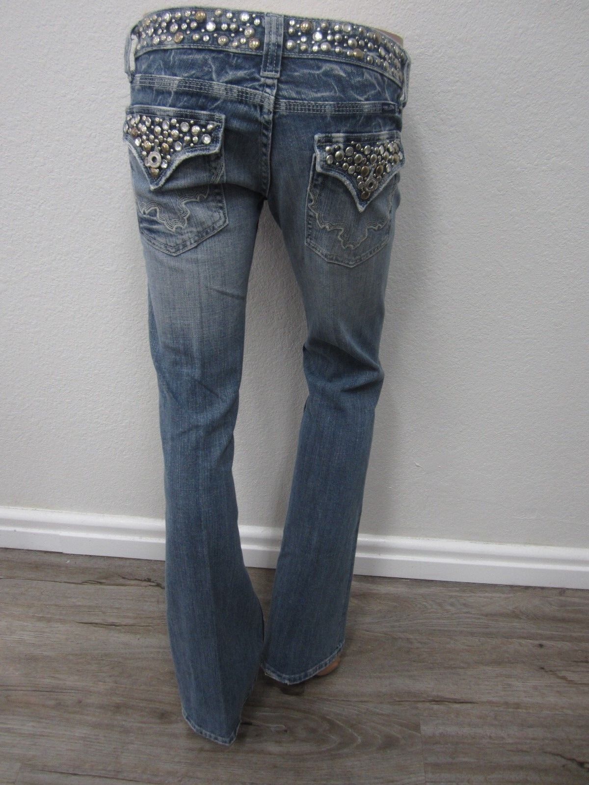 NICE Miss Me JP4288 Crystal Embellished Studded Flap Pocket Boot Cut Jeans 27x34