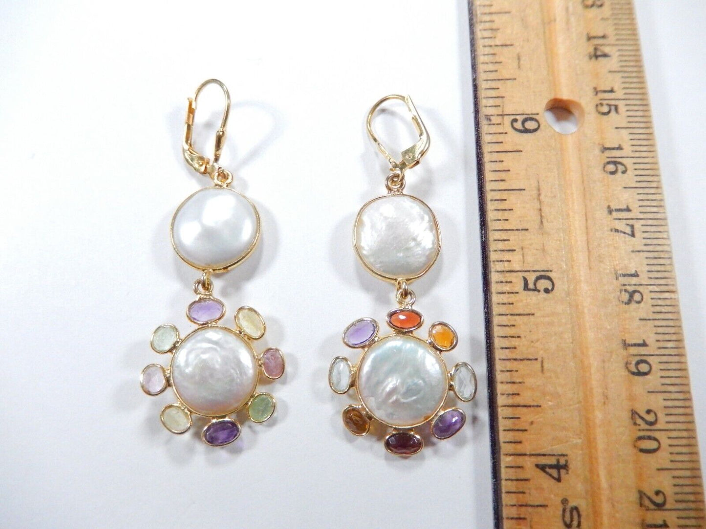 ~NEW~ Gold Vermeil White Button Pearl & Multi Gem Drop Dangle Leverback Earrings