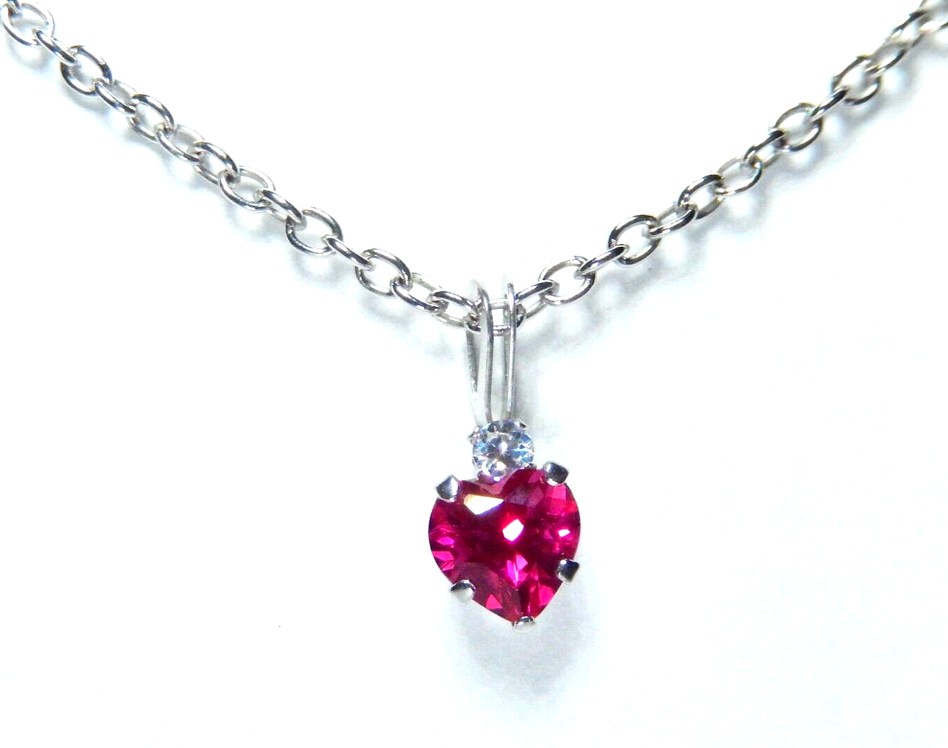 10K White Gold  Heart Ruby Solitaire Pendant  W/ .03 Ct Diamond w/18" Chain