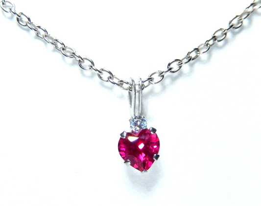 10K White Gold  Heart Ruby Solitaire Pendant  W/ .03 Ct Diamond w/18" Chain