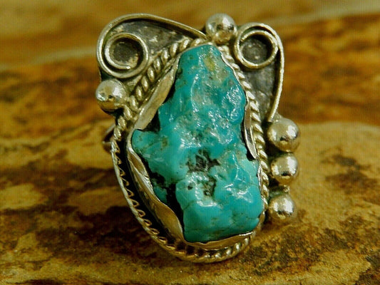 BEAUTIFUL! Native Amer. Sterling Silver & Gem Turquoise Heavy Ring 9.73g Sz 7.25