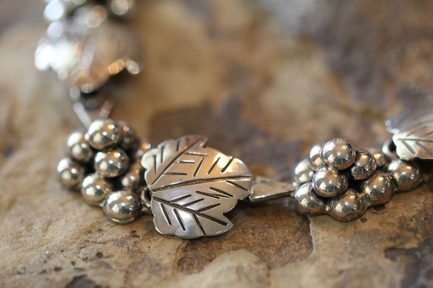 *VINTAGE* Taxco Mexico Sterling Silver Grape Vine Necklace Hand Made Signed 17"