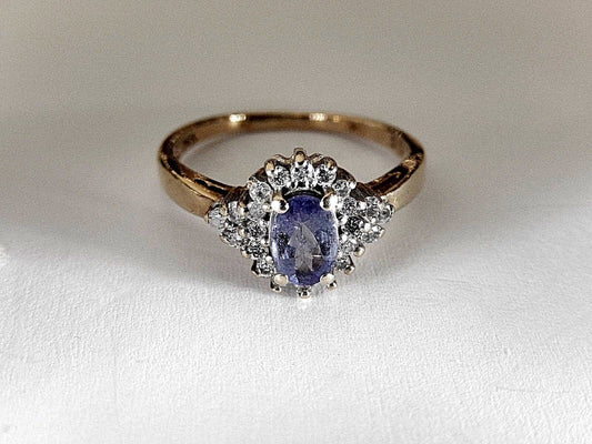 14k SOLID YELLOW GOLD TANZANITE DIAMOND ENGAGEMENT RING  Size 7