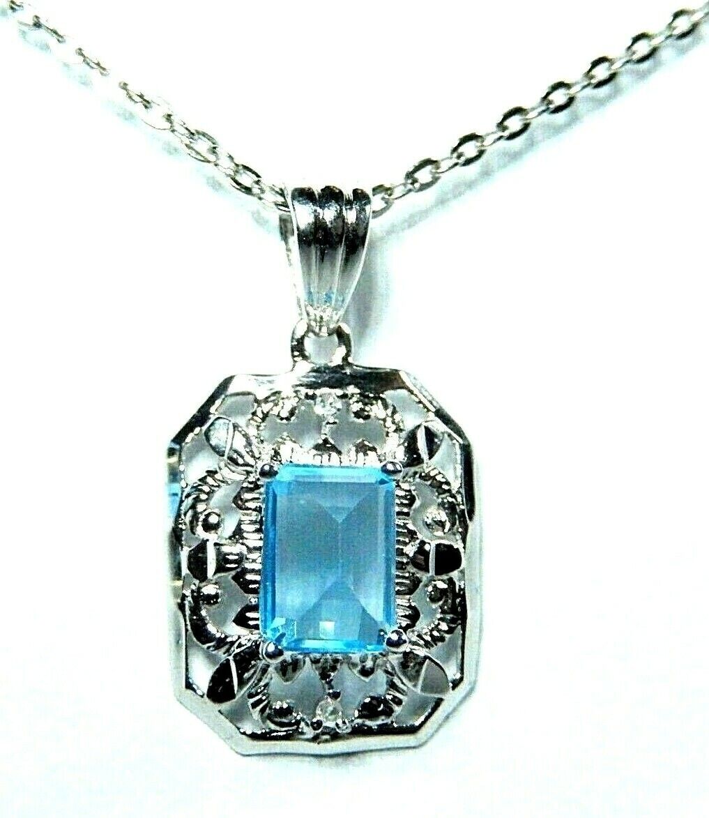 *NWT*  10k White Gold Genuine Blue Topaz and Diamond  Pendant Necklace w/18" Chn