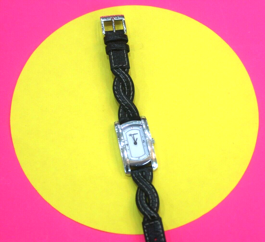 BRIGHTON "Winchester" Silver Plated watch, Black Leather Braided Band/Stitching