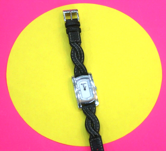 BRIGHTON "Winchester" Silver Plated watch, Black Leather Braided Band/Stitching