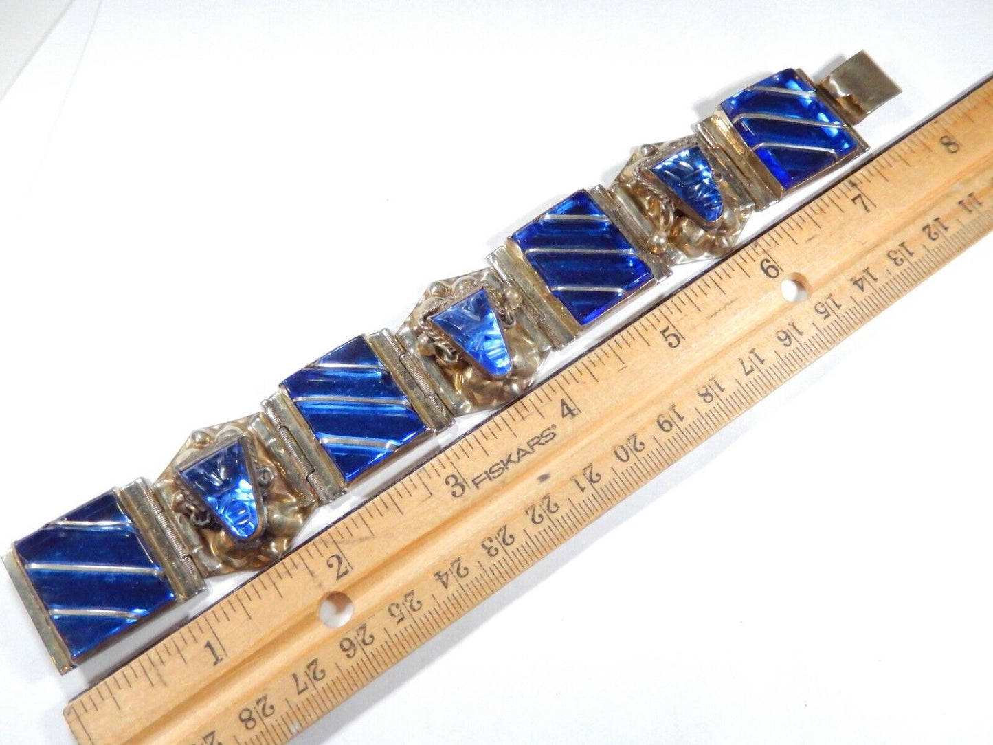VINTAGE  Taxco Sterling Silver Blue Glass 1" Wide 7" Bracelet Weighs 68.8 gms