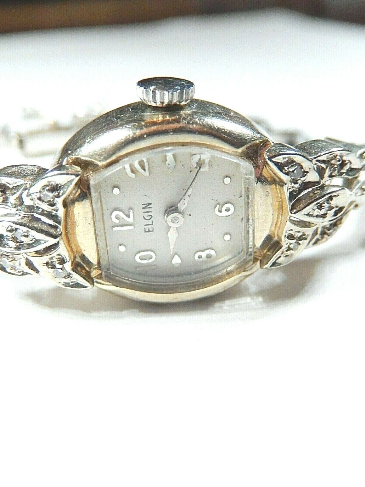 *VINTAGE* Ladies Elgin 14k White Gold Diamond Watch & 14K Diamond Band - Runs