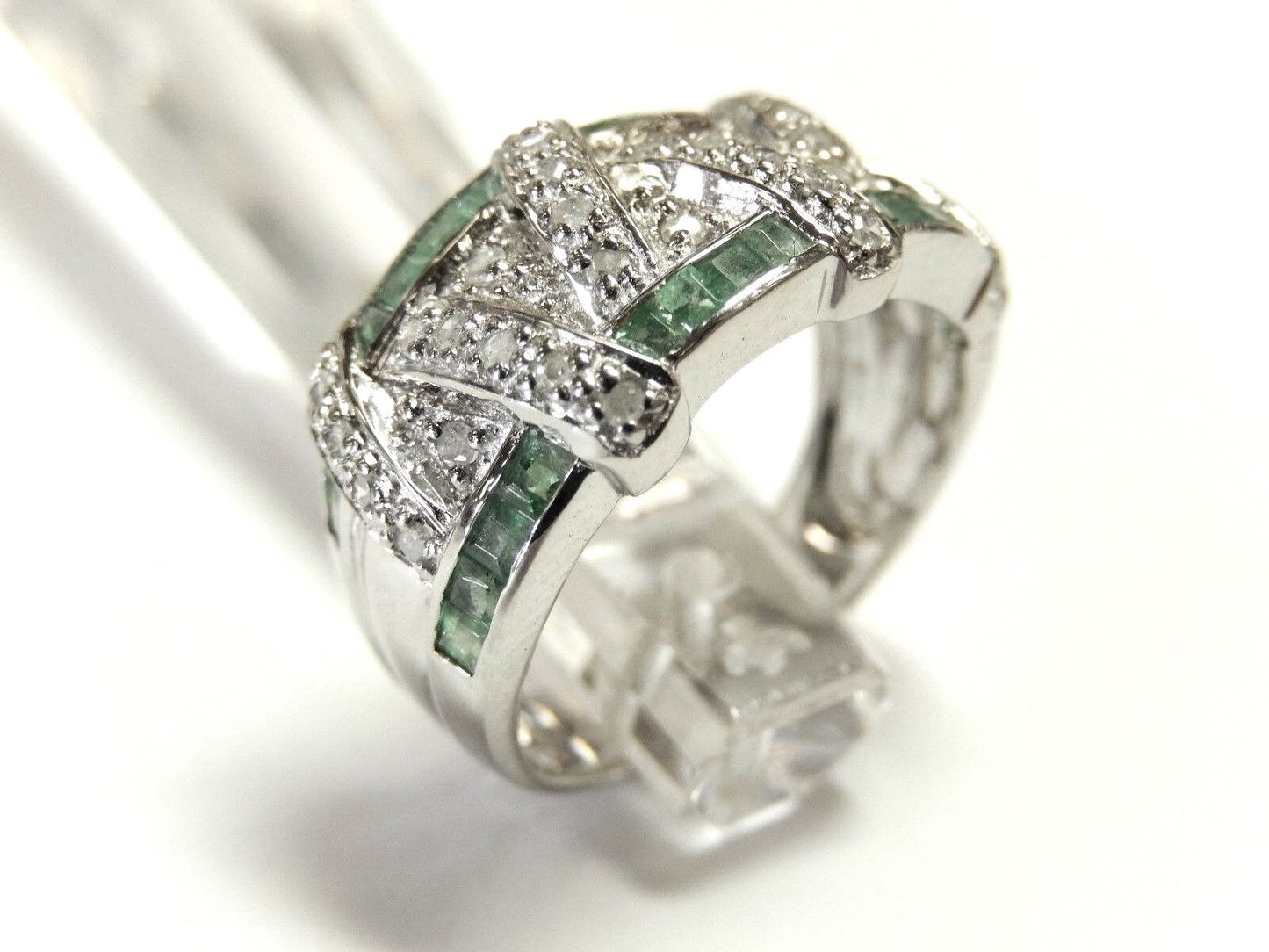 ELITE 14K WHITE GOLD GREEN EMERALD AND ROUND CUT DIAMONDS RING ART DECO SIZE 7