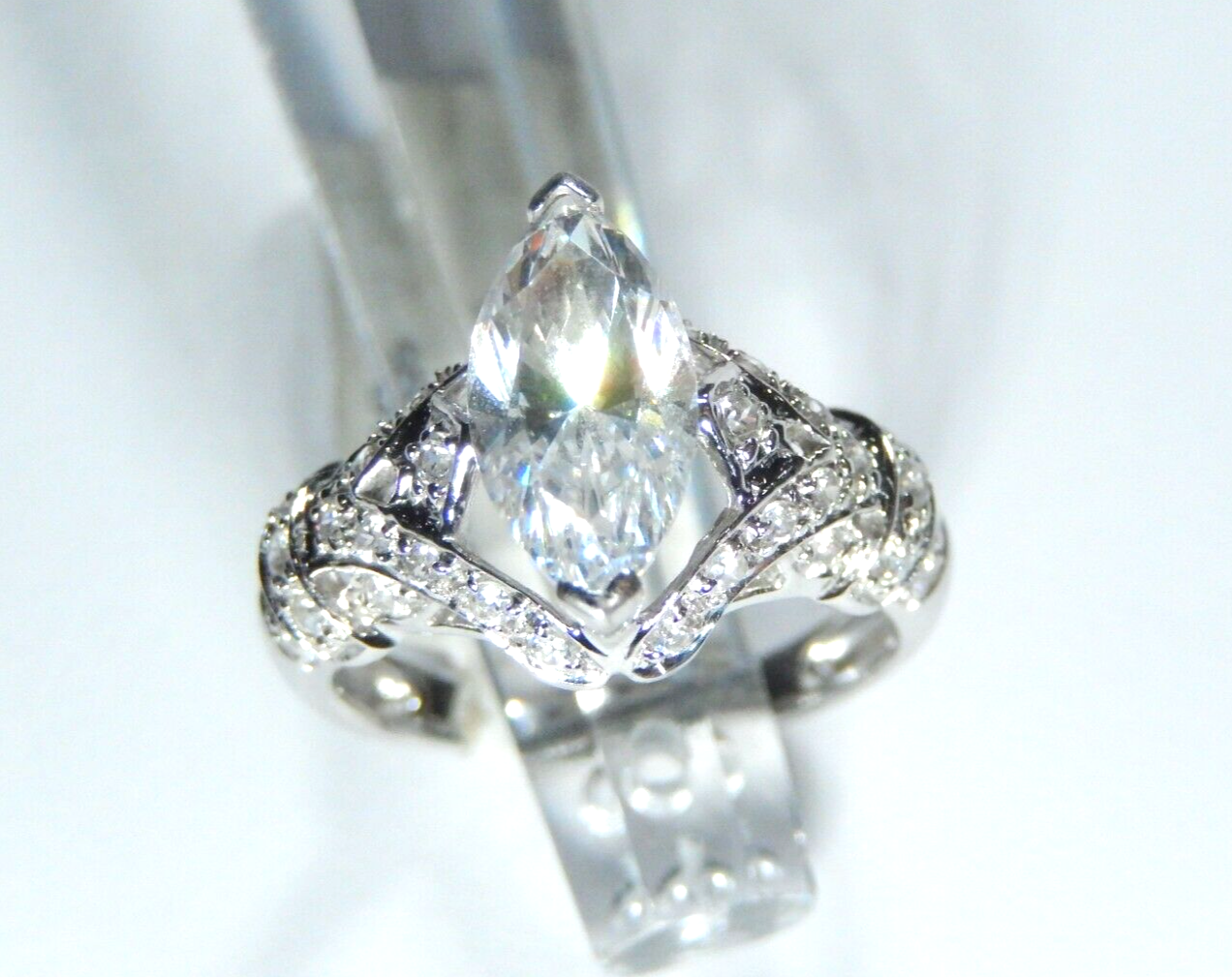 SOLID 14K White Gold 2.00 Ct Marquise / Rnd  CZ Wedding Engagement Ring Sz 7.25