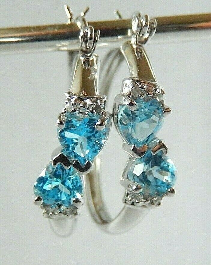 *NEW* 10K White Gold  LARGE 2.00CT BLUE TOPAZ AND DIAMONDS 25mm HOOP EARRINGS