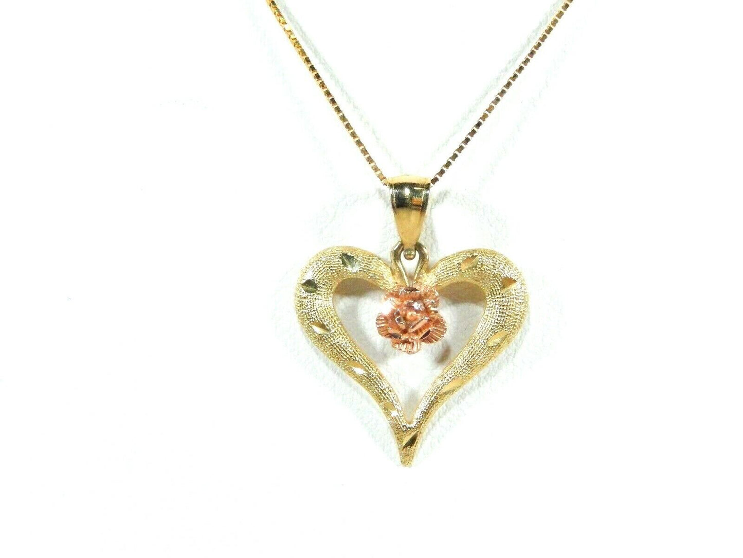 *NEW* 14K Yellow & Rose Gold TexturedDiamond Cut Heart Pendant w/ 18" 14K Chain