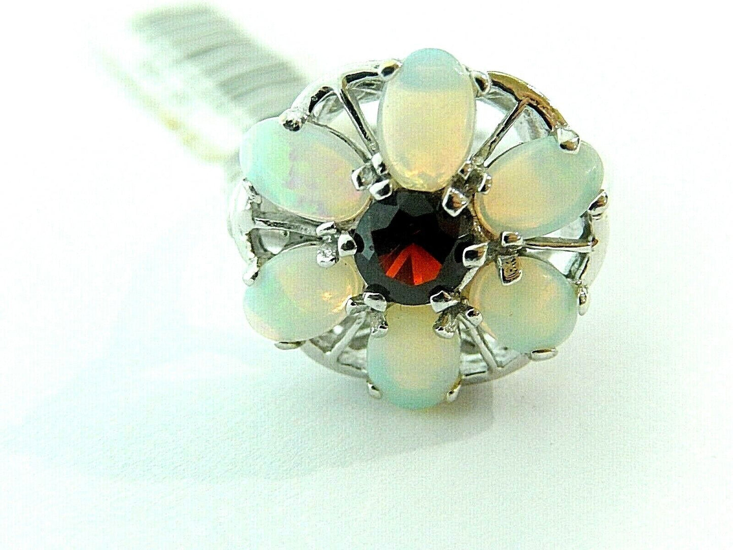 Luxury 14K White Gold Womens 3CT Fiery Opal & Garnet Cluster Ring Sz 8.75