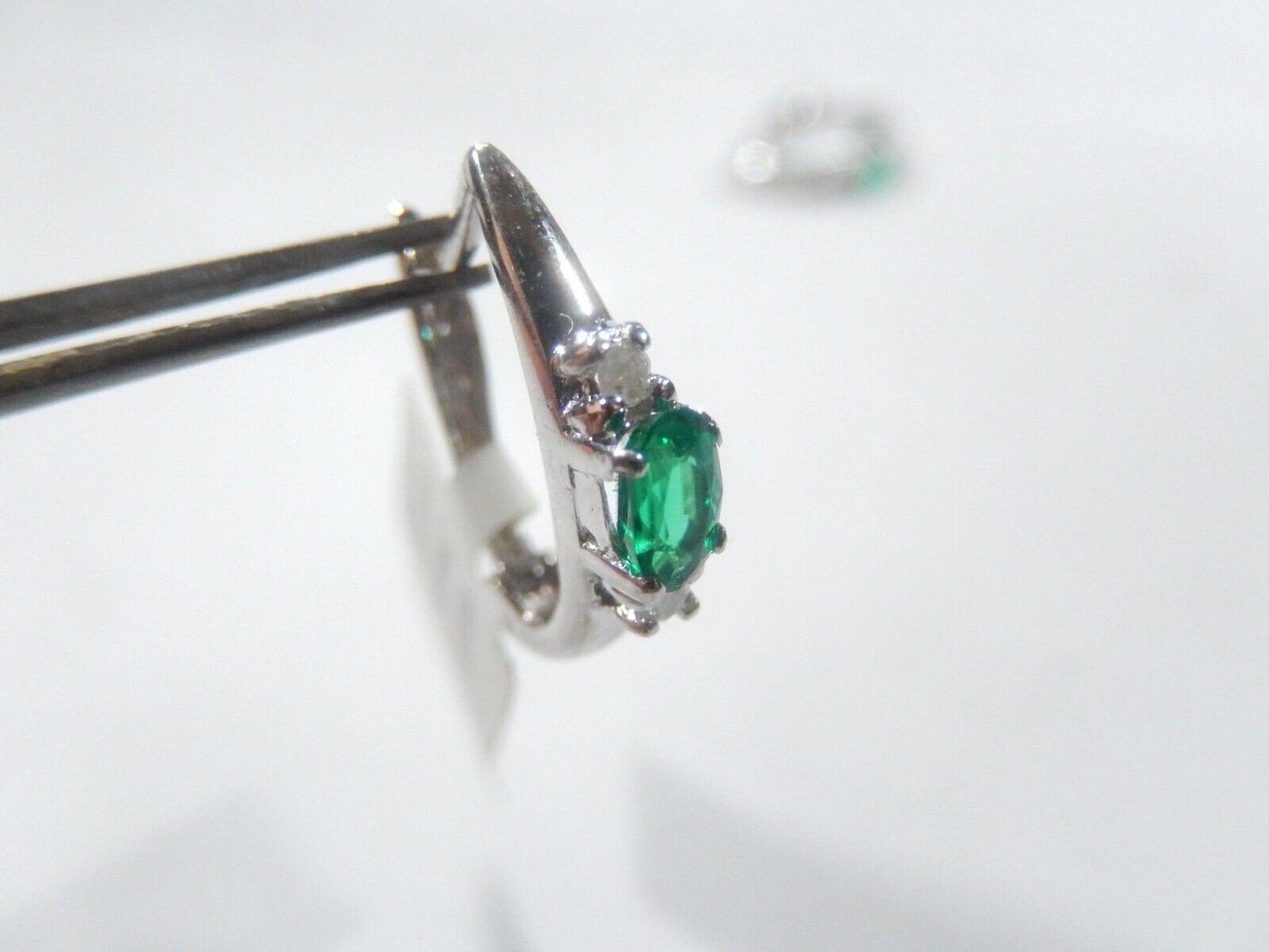 10K White Gold Lab Created Emerald & Real Diamond Huggies Hoop Earrings