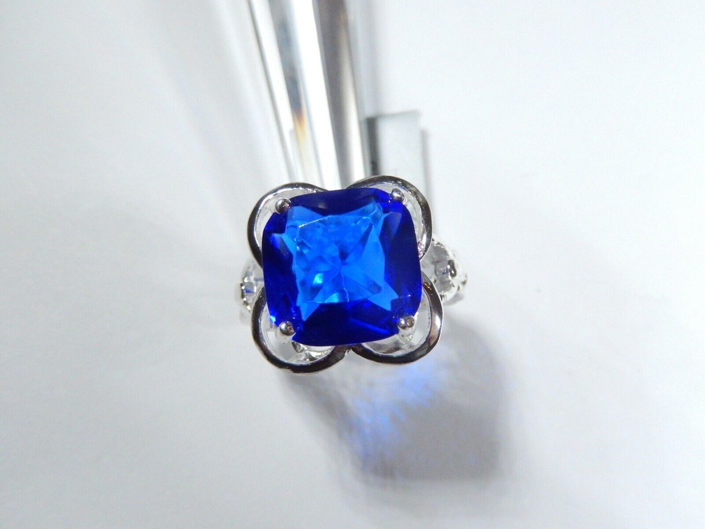 Sterling Silver 9.0 CT Cushion Cut Simulated  Blue Sapphire Ring Size 8.5