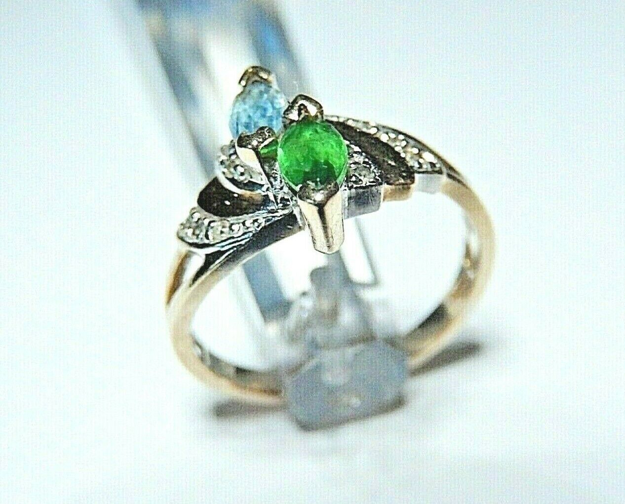 *VINTAGE* 10k Yellow Gold Marquise Blue Topaz & Emerald Ring With Diamonds 6.25