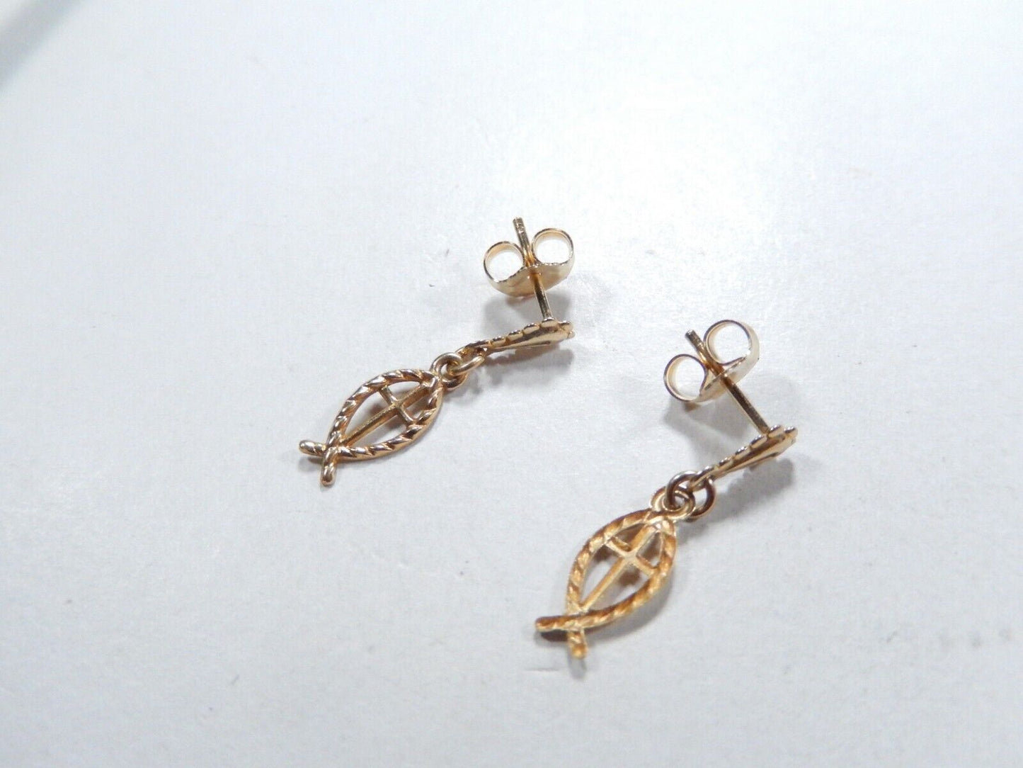 14K Yellow Gold  Ichthus Cross Fish Dangle Earrings