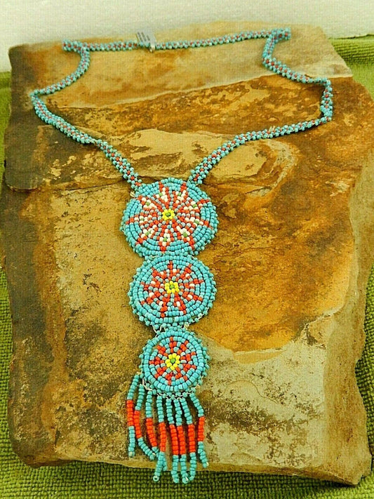 Gorgeous Vintage Native Amer Hand Beaded Medallion Necklace 22" Length