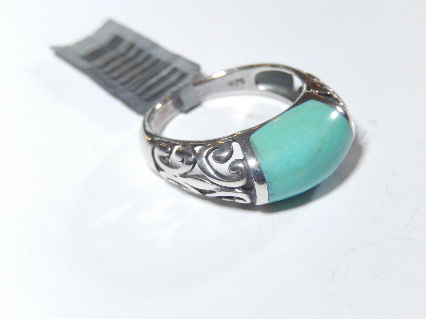 *VINTAGE*  Scroll Design Sterling Silver Inlay Turquoise Ring Size 8