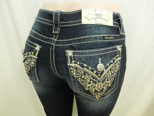 *NWT* Miss Me Chloe Boot Dark Mid-Rise Heavy Embellished Pockets Sz 28 x 34