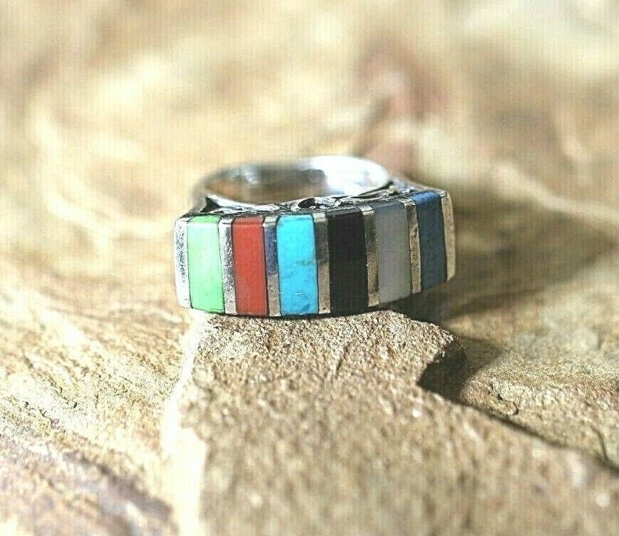 *VINTAGE* Native American Sterling Silver Multi-Color Stone Ring Size 6.25