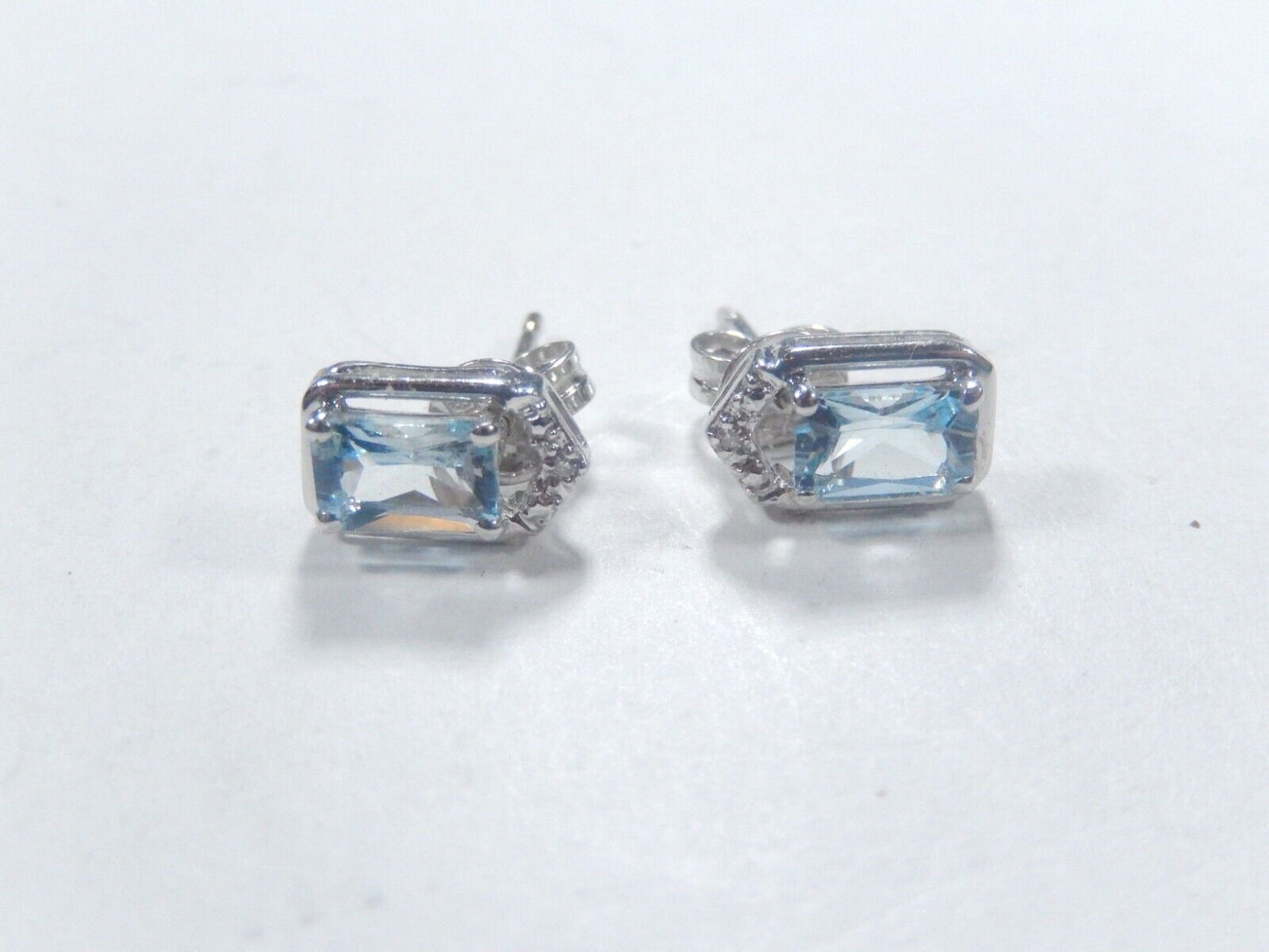 14K White Gold Emerald Cut  Aquamarine and Diamond Earrings