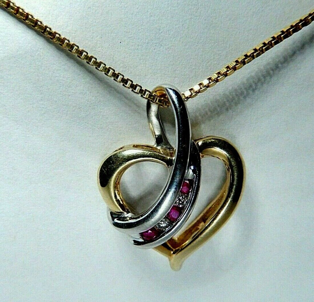 10k Yellow And White Gold Two Tone Ruby And Diamond Heart Pendant w/18" Chain