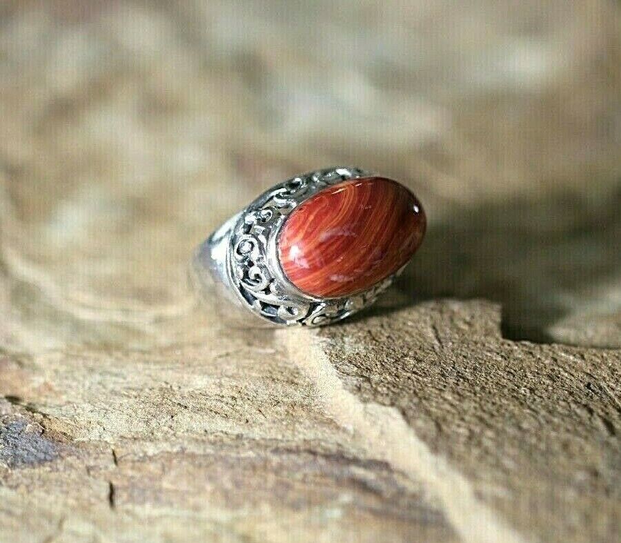 *VINTAGE*  Native American Red Orange Agate Sterling Silver Ring Size 7.25