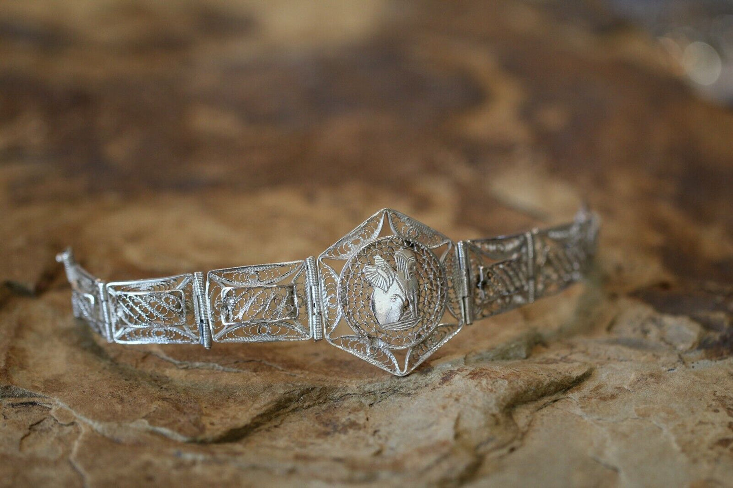 *VINTAGE*  EGYPTIAN Sterling Silver Detailed Filigree  Bracelet  7"