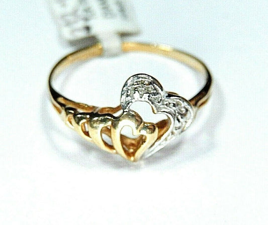 *VINTAGE* CUTE  10k Real Two Tone Gold Double Heart Diamond Ring Size 7.25