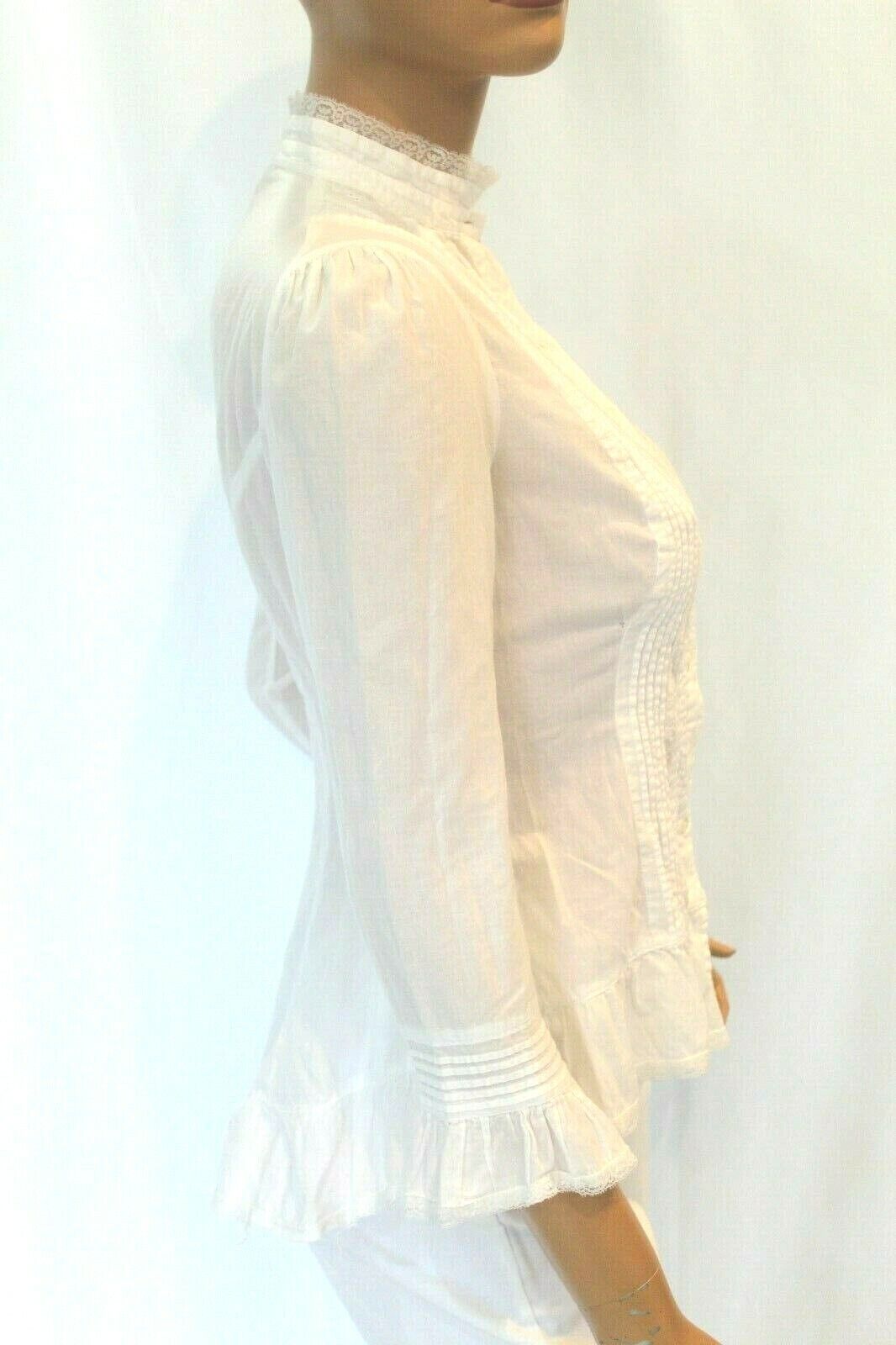 BCBG  White Pleated Front Button Down Ruffled Blouse Ruffled Sleeve "CUTE" Sz XS