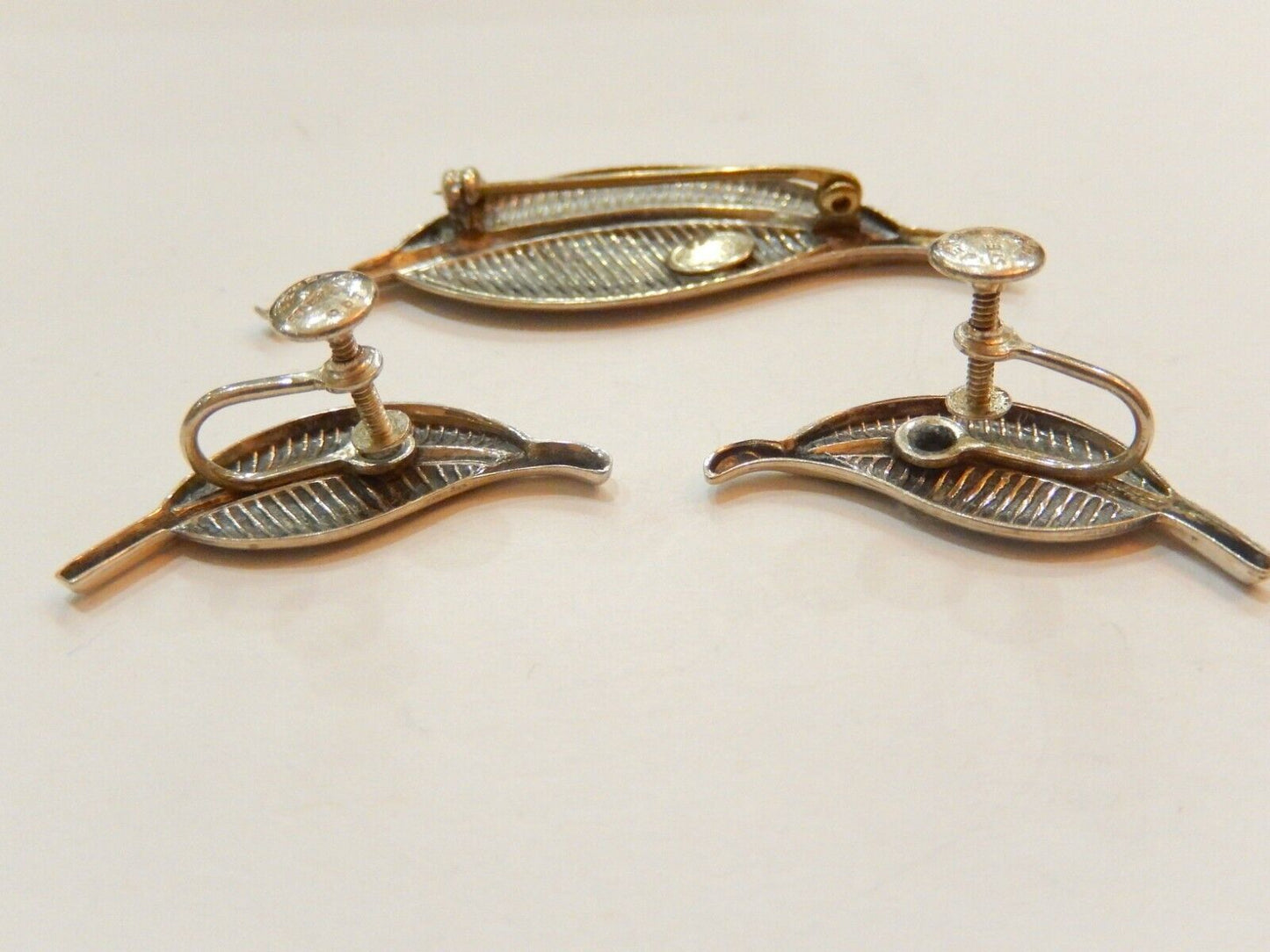 VINTAGE JEWEL ART STERLING SILVER FEATHER PIN BROOCH AND EARRINGS SET