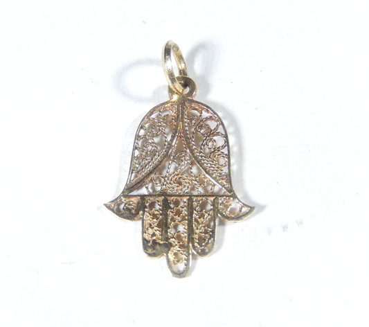 Solid 14k Yellow Gold Filigree Hamsa Hand Pendant/Charm