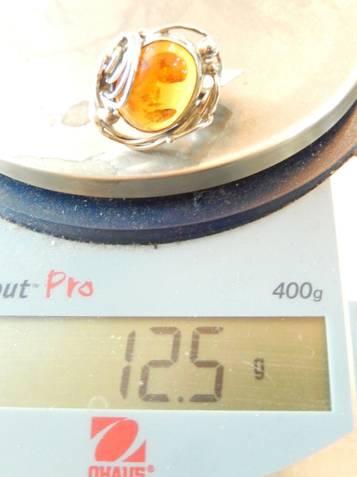 *VINTAGE* Handmade  LARGE Custom Sterling Silver Baltic Amber Oval Ring Size 7.5