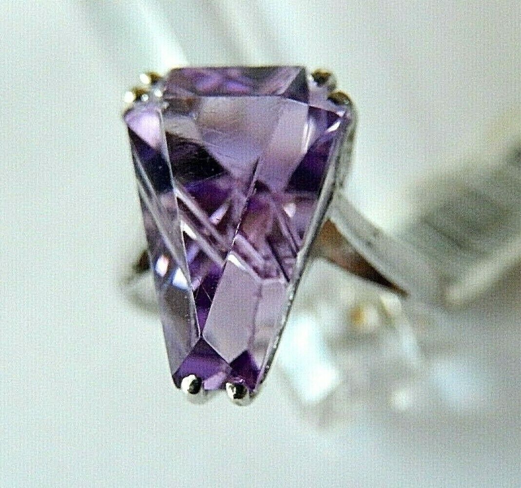 14K Solid White Gold Fancy Cut Amethyst  Cocktail Ring Size 7