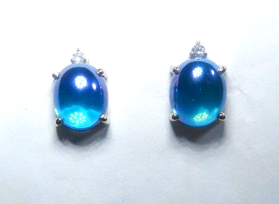 *VINTAGE*  14K 6.00 CT TW 10mm x 8mm Blue Chalcedony & Diamond  Stud Earrings